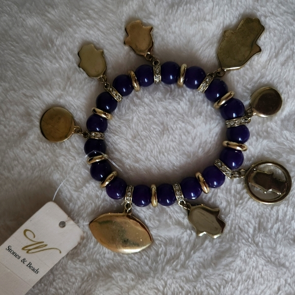 Hamsa Khamsa Fatima Eye Stretch Bling Charm Bracelet Purple Gold NWT - Picture 8 of 15